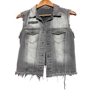 H&M NA Gray Distress Denim Vest Sleeveless Trucker Jacket Frayed Raw Hem